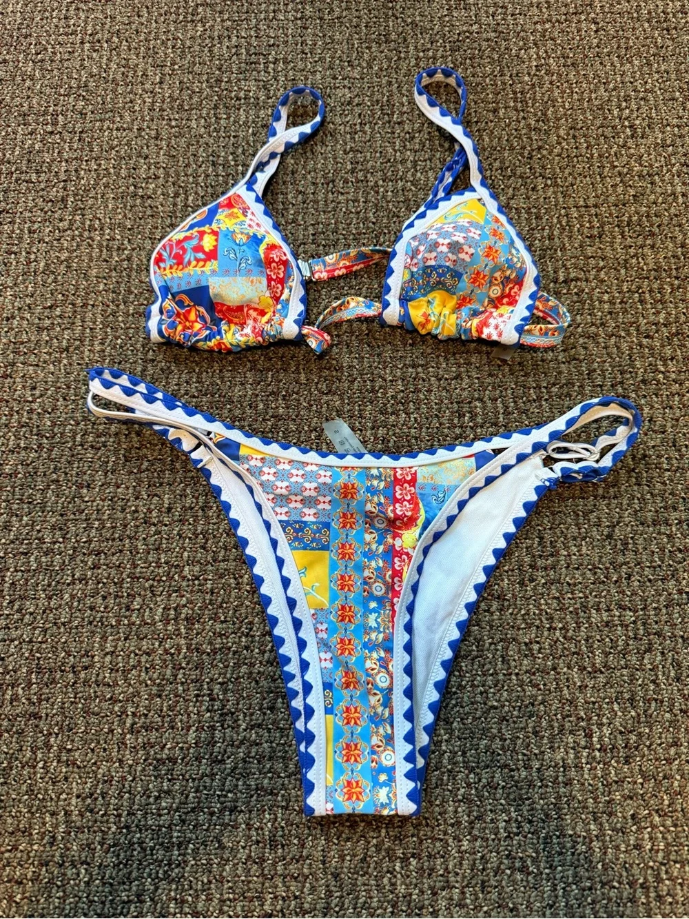 Multicolor Patchwork Triangle Bikini with Blue Trim